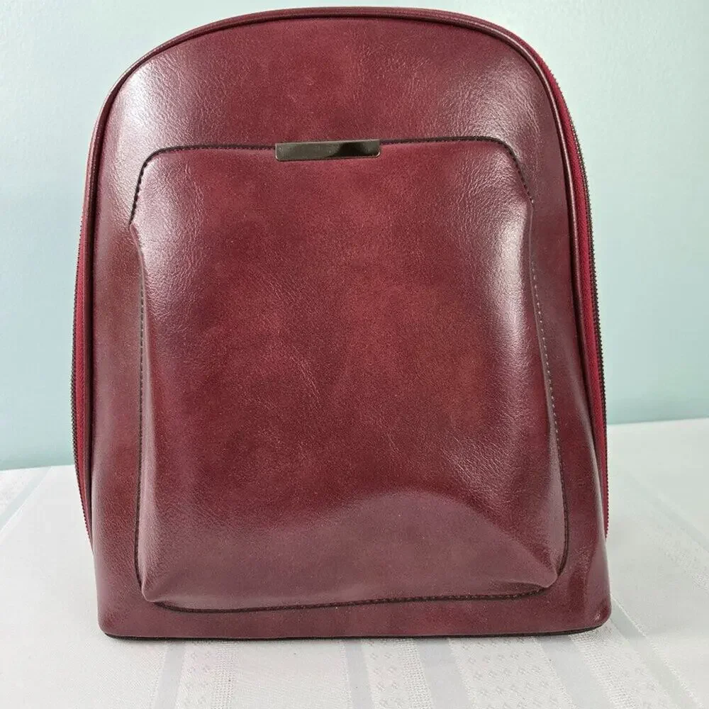 Backpack Mid-Size Burgundy Hard Shell Faux Leather Zipper Closure Adj Straps NEW